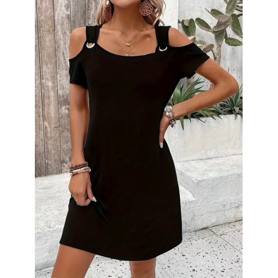 Kadın Kısa Kollu Omuzlardan Açık Kuş Gözü Detaylı Mini Viskon Elbise , 31723