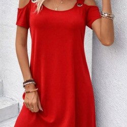 Kadın Kısa Kollu Omuzlardan Açık Kuş Gözü Detaylı Mini Viskon Elbise, 31722