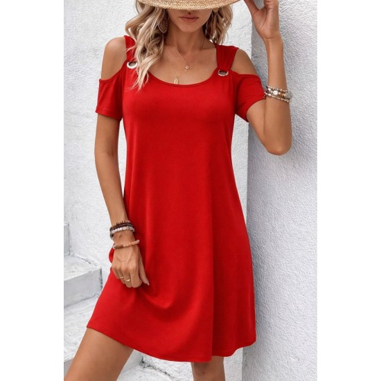 Kadın Kısa Kollu Omuzlardan Açık Kuş Gözü Detaylı Mini Viskon Elbise, 31722