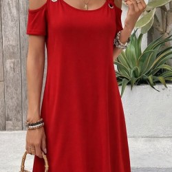 Kadın Kısa Kollu Omuzlardan Açık Kuş Gözü Detaylı Mini Viskon Elbise, 31722 Kadın Kısa Kollu Omuzlardan Açık Kuş Gözü Detaylı Mini Viskon Elbise, 31722