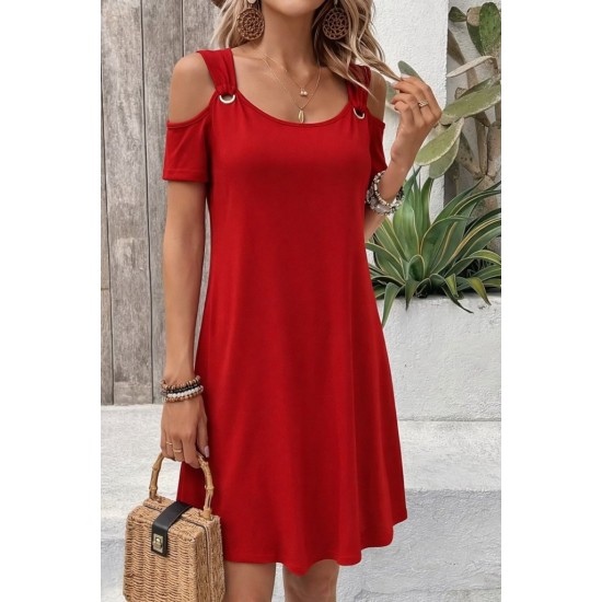 Kadın Kısa Kollu Omuzlardan Açık Kuş Gözü Detaylı Mini Viskon Elbise, 31722