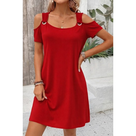 Kadın Kısa Kollu Omuzlardan Açık Kuş Gözü Detaylı Mini Viskon Elbise, 31722