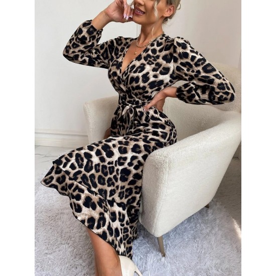 Kadın Uzun Kollu Kruvaze Yakalı Belden Kuşaklı Leopar , 31721