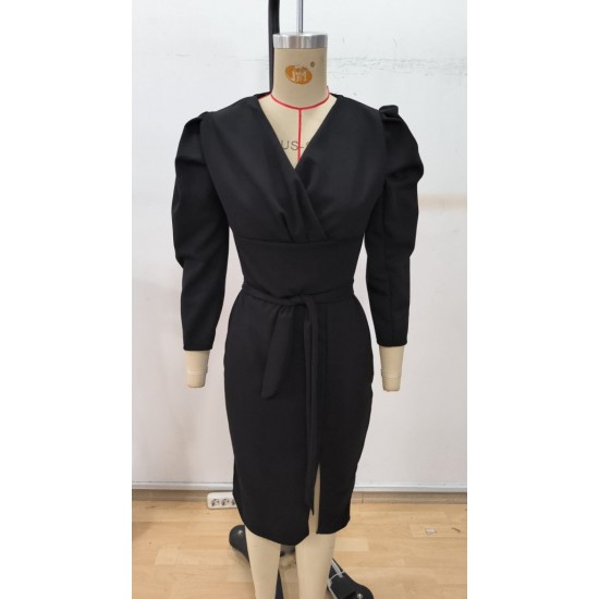 Kadın Uzun Kollu Kruvaze Yakalı Yandan Yırtmaçlı Belden Kuşaklı Midi Ithal Krep Elbise, 31726