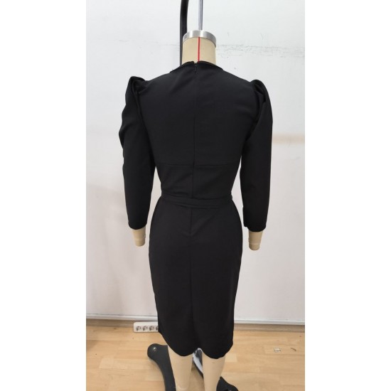 Kadın Uzun Kollu Kruvaze Yakalı Yandan Yırtmaçlı Belden Kuşaklı Midi Ithal Krep Elbise, 31726