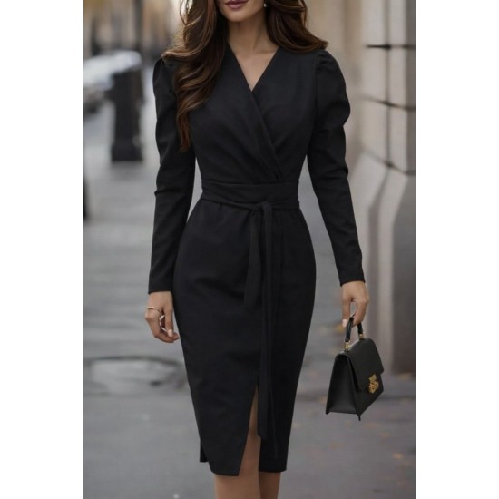 Kadın Uzun Kollu Kruvaze Yakalı Yandan Yırtmaçlı Belden Kuşaklı Midi Ithal Krep Elbise, 31726