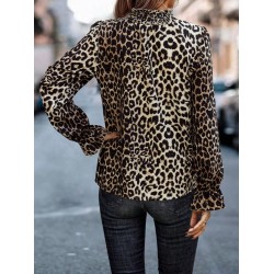 Women' S Long-sleeved Turtleneck Blouse With Gingham Detail And Leopard Print., 31728