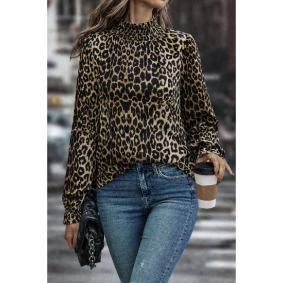 Kadın Uzun Kollu Gipe Detaylı Balıkçı Yaka Leopar Desenli Süprem Bluz, 31728