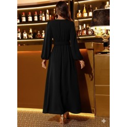 Women' S Long-sleeved, Wrap-neck, Belted Waist, Slit, Long Imported Crepe Dress., 31738