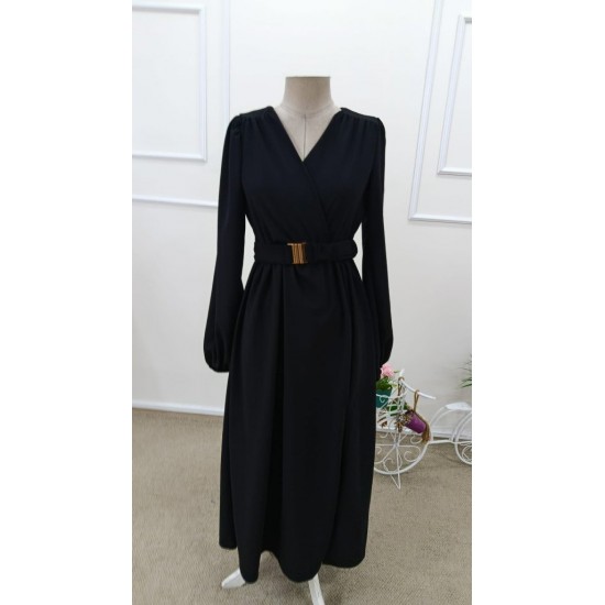 Kadın Uzun Kollu Kruvaze Yaka Beli Kemerli Yırtmaçlı Uzun Ithal Krep Elbise, 31738