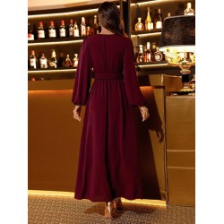 Women' S Long-sleeved, Wrap-neck, Belted Waist, Slit, Long Imported Crepe Dress. , 31737