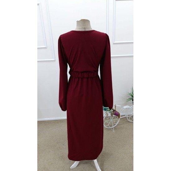 Kadın Uzun Kollu Kruvaze Yaka Beli Kemerli Yırtmaçlı Uzun Ithal Krep Elbise , 31737
