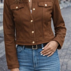 Kadın Uzun Kollu Yakadan Ve önden Düğmeli Süet Kısa Ceket, 31747