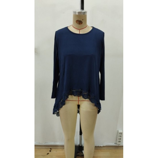 Kadın Uzun Kollu Bisiklet Yaka Asimetrik Kesim Detaylı Dantelli Viskon Bluz, 31743