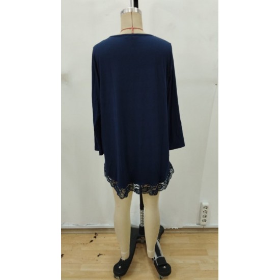 Kadın Uzun Kollu Bisiklet Yaka Asimetrik Kesim Detaylı Dantelli Viskon Bluz, 31743