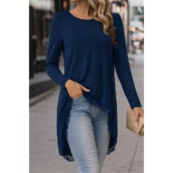 Women' S Long-sleeved, Crew Neck, Asymmetrical Cut, Lace-trimmed Viscose Blouse, 31743