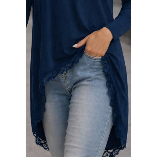 Kadın Uzun Kollu Bisiklet Yaka Asimetrik Kesim Detaylı Dantelli Viskon Bluz, 31743