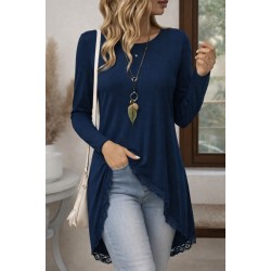 Women' S Long-sleeved, Crew Neck, Asymmetrical Cut, Lace-trimmed Viscose Blouse, 31743