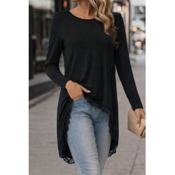 Women' S Long-sleeved, Crew Neck, Asymmetrical Cut, Lace-trimmed Viscose Blouse, 31742