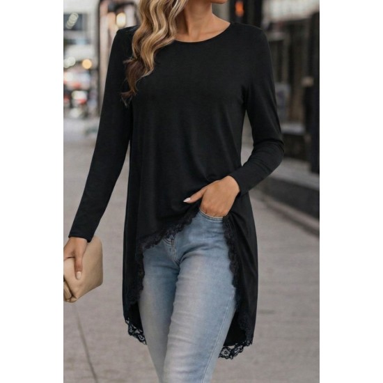 Kadın Uzun Kollu Bisiklet Yaka Asimetrik Kesim Detaylı Dantelli Viskon Bluz, 31742