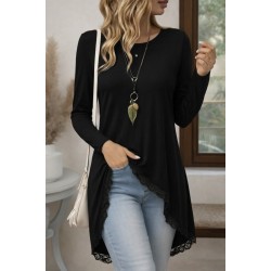 Women' S Long-sleeved, Crew Neck, Asymmetrical Cut, Lace-trimmed Viscose Blouse, 31742