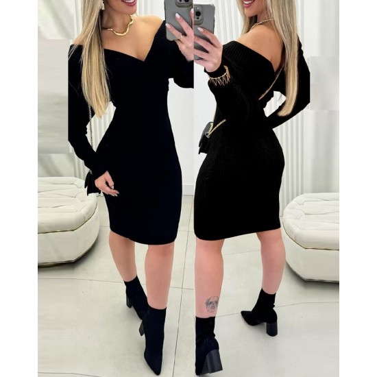 Kadın Uzun Kollu Omuzlardan Açık Kruvaze Yaka Kısa Triko Elbise , 31741