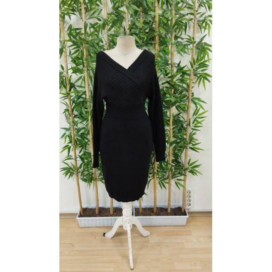 Kadın Uzun Kollu Omuzlardan Açık Kruvaze Yaka Kısa Triko Elbise , 31741