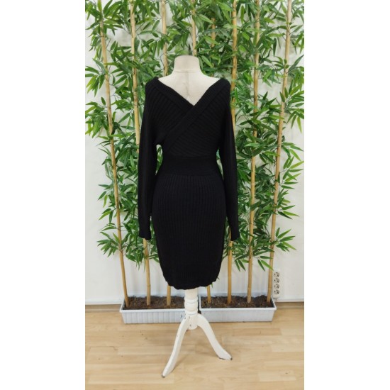 Kadın Uzun Kollu Omuzlardan Açık Kruvaze Yaka Kısa Triko Elbise , 31741