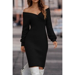 Women' S Long-sleeved, Off-the-shoulder, Wrap-neck Short Knit Dress , 31741