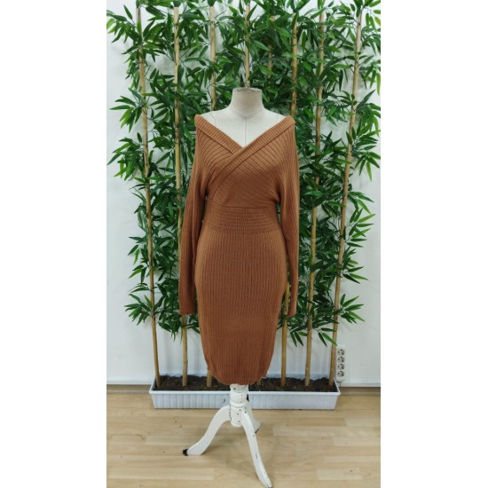 Kadın Uzun Kollu Omuzlardan Açık Kruvaze Yaka Kısa Triko Elbise , 31740