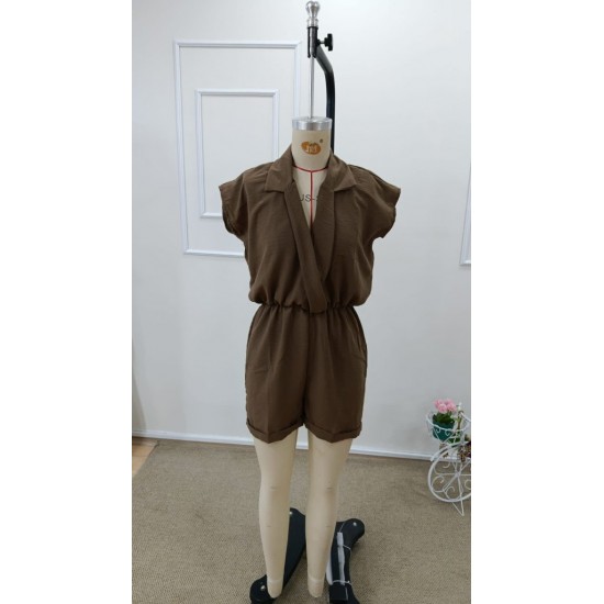 Kadın Kısa Kollu Kruvaze Yakalı Kısa Tulum , 31775