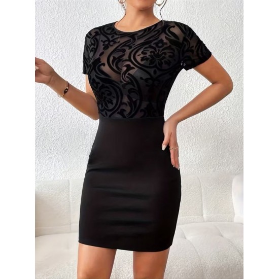 Kadın Kısa Kollu Bisiklet Yaka Transparan Tül Detaylı Kısa Ithal Krep Elbise , 31772