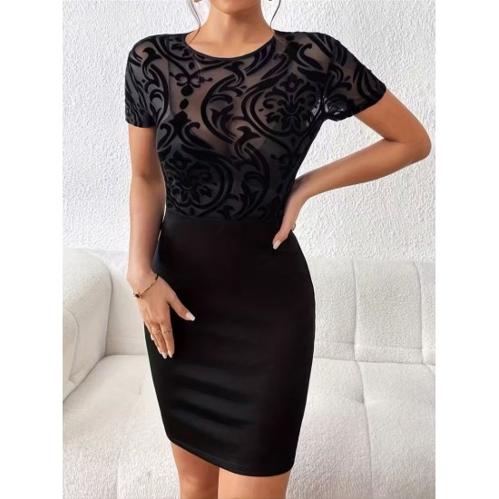 Kadın Kısa Kollu Bisiklet Yaka Transparan Tül Detaylı Kısa Ithal Krep Elbise , 31772