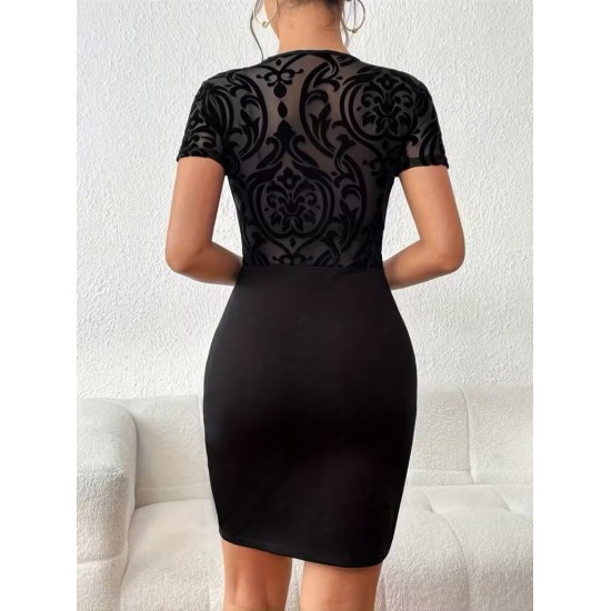 Kadın Kısa Kollu Bisiklet Yaka Transparan Tül Detaylı Kısa Ithal Krep Elbise , 31772