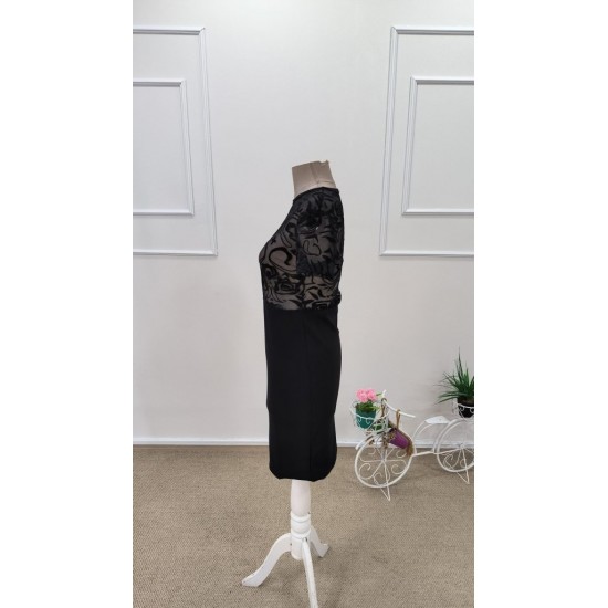 Kadın Kısa Kollu Bisiklet Yaka Transparan Tül Detaylı Kısa Ithal Krep Elbise , 31772