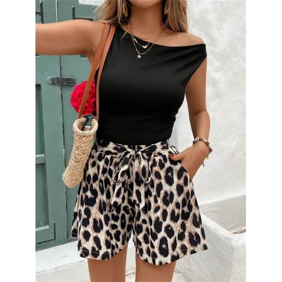 Kadın Kolsuz Bisiklet Yaka Viskon Bluz Ve Leopar Desenli Kısa Modal Short Ikili Takım, 31769