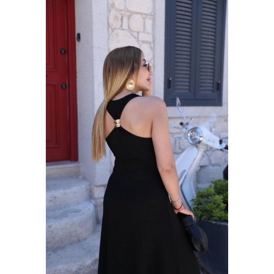 Kadın Omuzlardan Açık Arkadan Toka Detaylı Yırtmaçlı Uzun Viskon Elbise, 31762