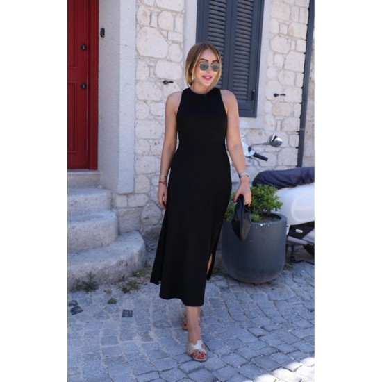 Kadın Omuzlardan Açık Arkadan Toka Detaylı Yırtmaçlı Uzun Viskon Elbise, 31762