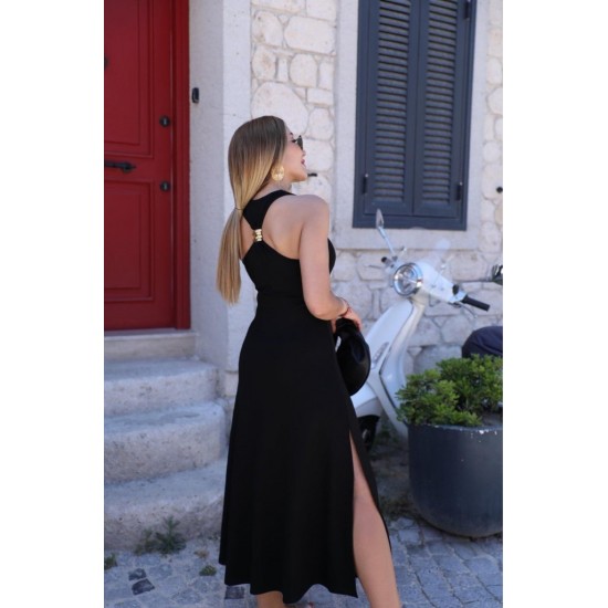 Kadın Omuzlardan Açık Arkadan Toka Detaylı Yırtmaçlı Uzun Viskon Elbise, 31762