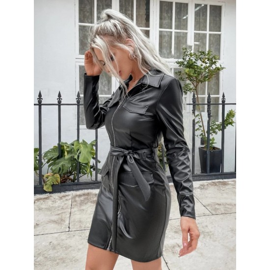 Kadın Uzun Kollu Yakalı Cepli önü Fermuarlı Mini Deri Elbise , 31759