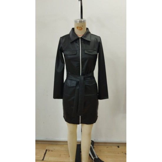 Kadın Uzun Kollu Yakalı Cepli önü Fermuarlı Mini Deri Elbise , 31759