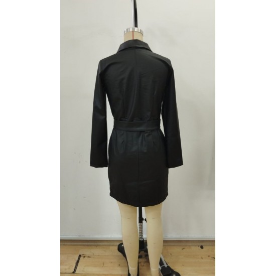 Kadın Uzun Kollu Yakalı Cepli önü Fermuarlı Mini Deri Elbise , 31759