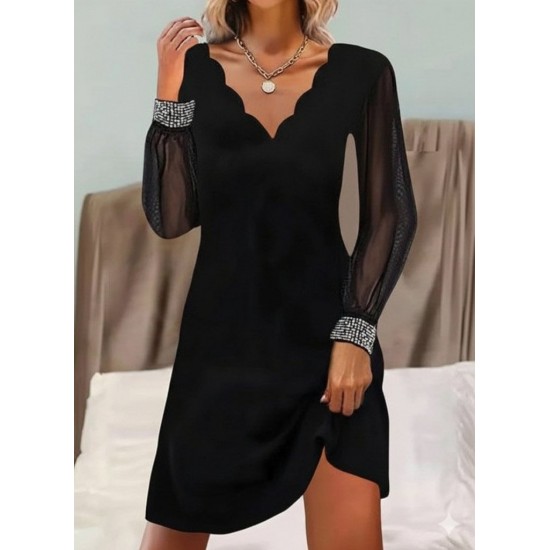 Kadın Uzun Kollu V Yaka Lazer Kesimli Tül Detaylı Mini Ithal Krep Elbise , 31758