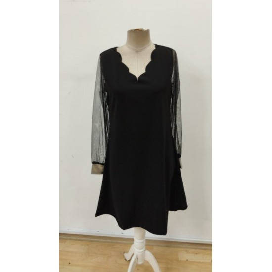 Kadın Uzun Kollu V Yaka Lazer Kesimli Tül Detaylı Mini Ithal Krep Elbise , 31758