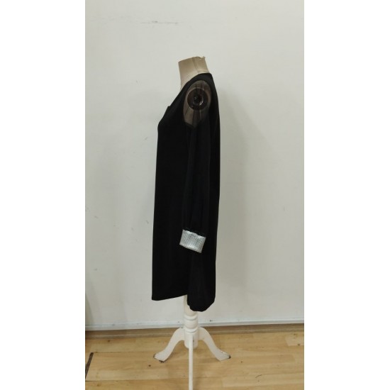 Kadın Uzun Kollu V Yaka Lazer Kesimli Tül Detaylı Mini Ithal Krep Elbise , 31758