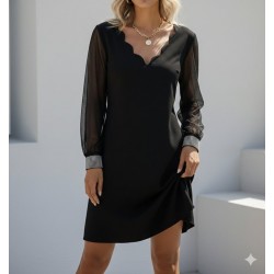 Women' S Long-sleeved V-neck Mini Imported Crepe Dress With Laser-cut Tulle Details. , 31758