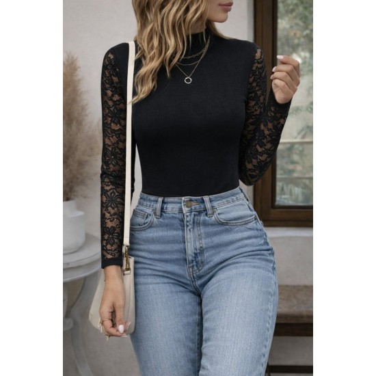 Kadın Uzun Kollu Yarı Balıkçı Yaka Tüllü Kaşkorse Bluz , 31757