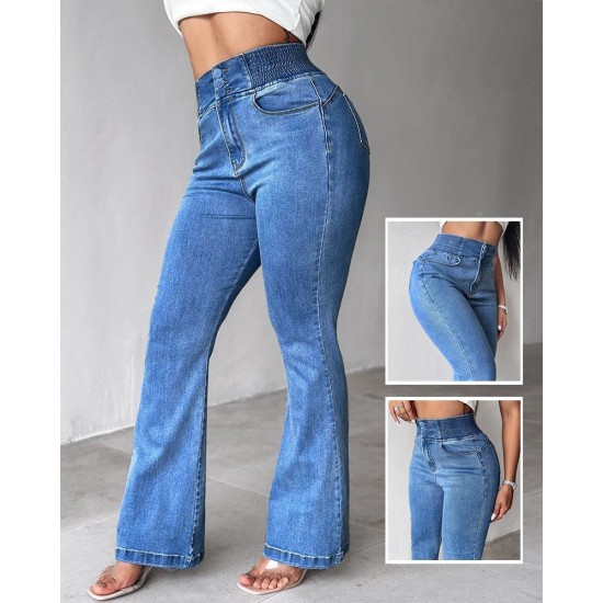 Kadın Yüksek Bel Yanları Lastik önü Düğmeli Kot Pantolon , 31784