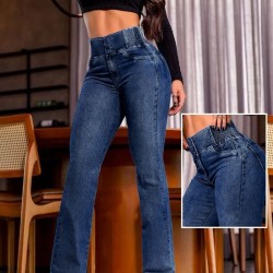 Kadın Yüksek Bel Yanları Lastik önü Düğmeli Kot Pantolon , 31783