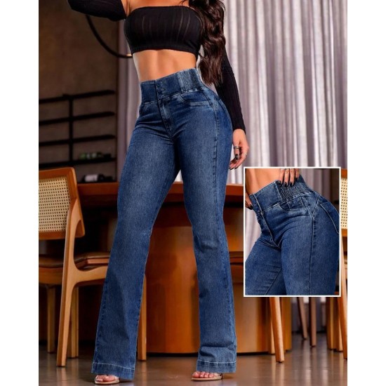 Kadın Yüksek Bel Yanları Lastik önü Düğmeli Kot Pantolon , 31783